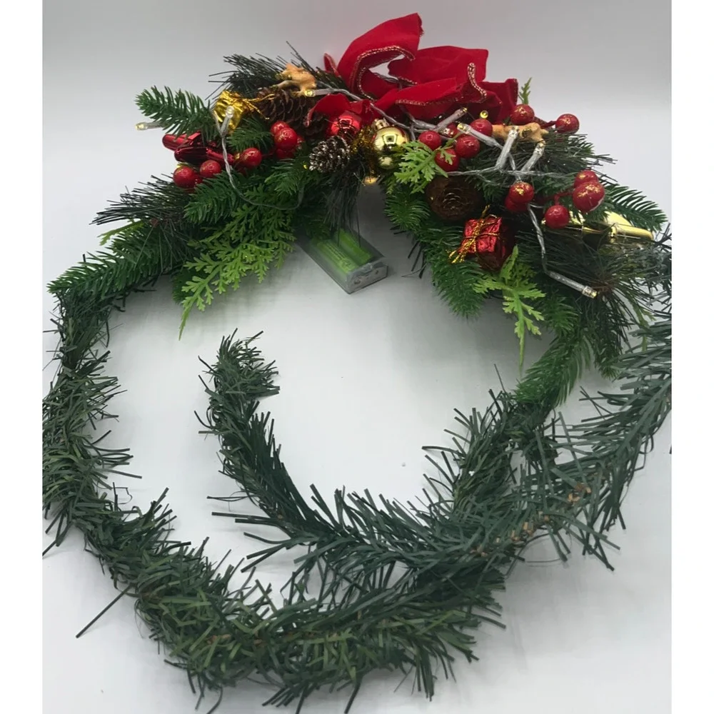 Lighted Mantel Christmas Fake Pine Tree Swag Pinecones Berries Ornaments Deer